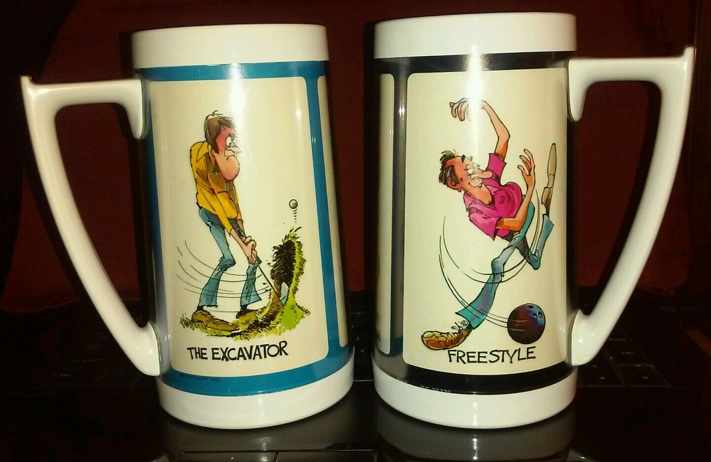 2--1976 16oz. Thermo-serv Golfer And Bowler Mugs Vintage 6.5"tall