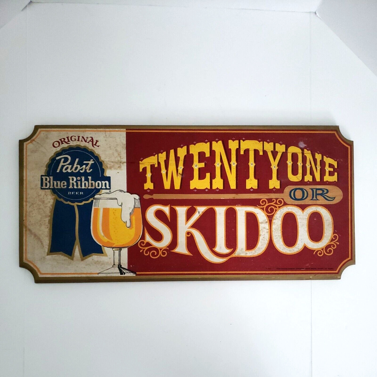 Vintage Pabst Blue Ribbon Twenty One Or Skidoo Wood Beer Advertising Sign 23x11"